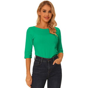 �A���O�� �P�[ ���f�B�[�X �g�b�v�X �V���c �X�����t�B�b�g ALLEGRA K Women's Elbow Sleeves Boat Neck Slim Fit Classic Tee Greens