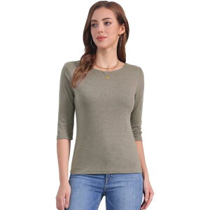 �A���O�� �P�[ ���f�B�[�X �g�b�v�X �V���c �X�����t�B�b�g ALLEGRA K Women's Elbow Sleeves Boat Neck Slim Fit Classic Tee Light Brown �u���E��