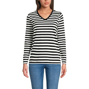 �����Y�G���h ���f�B�[�X �g�b�v�X T�V���c V�l�b�N �R�b�g�� Women's Lands' End Relaxed-Fit Supima Long Sleeve Cotton V-Neck Tee Black Even Stripe �u���b�N
