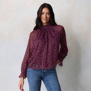 LC Lauren Conrad ���f�B�[�X �g�b�v�X �V���c �u���E�X ���� Juniors' LC Lauren Conrad Shirred Neck Long-Sleeve Blouse Wine Flowy Fleurs ���C��