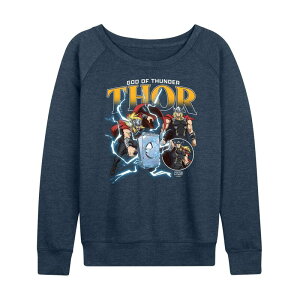 �}�[�x�� ���f�B�[�X �g�b�v�X T�V���c �p�C�� �u�[�c Women's Marvel Thor God of Thunder Bootleg French Terry Long Sleeve Tee Heather Indigo �w�U�[