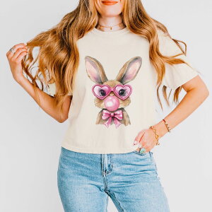 Simply Sage Market ���f�B�[�X �g�b�v�X T�V���c �O���t�B�b�N Simply Sage Market Bunny Sunglasses Bubblegum - Women's Boxy Crop Top Graphic T-Shirt Ivory �A�C�{���[