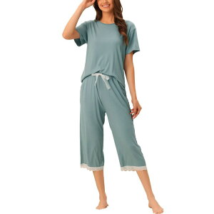cheibear ���f�B�[�X �A���_�[�E�F�A �i�C�g�E�F�A ���[�X�g���� ���[�X cheibear Women's Modaloose Summer Pajama Set Lace Trim Short Sleeve Carpri Sleepwear Blue �u���[