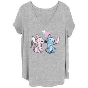 �f�B�Y�j�[ ���f�B�[�X �g�b�v�X T�V���c V�l�b�N �v���X�T�C�Y Disney's Lilo & Stitch Juniors' Plusize Angel & Stitch Loving Couple V-Neck Tee Heather Gray �O���[