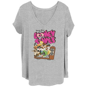 �A�j���L�����N�^�[ ���f�B�[�X �g�b�v�X T�V���c �v���X�T�C�Y �O���t�B�b�N Licensed Character Juniors' Plusize Looney Tunes Popping Outhe TV Graphic Tee Heather Gray �O���[