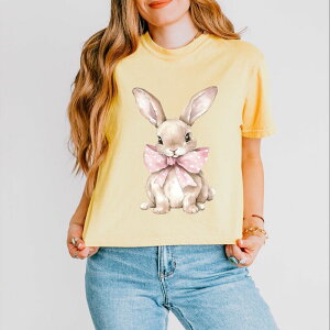 Simply Sage Market ���f�B�[�X �g�b�v�X T�V���c �O���t�B�b�N Simply Sage Market Bunny Watercolor With Bow - Women's Boxy Crop Top Graphic T-Shirt Butter