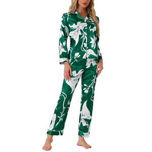 cheibear ���f�B�[�X �A���_�[�E�F�A �i�C�g�E�F�A �V���c �T�e�� cheibear Women's Pajama Sleep Shirt Nightwear Sleepwear Lounge Satin Pj Sets Green Floral �O���[��