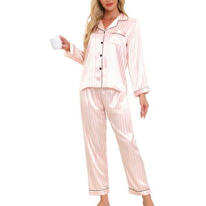 cheibear ���f�B�[�X �A���_�[�E�F�A �i�C�g�E�F�A �V���c �T�e�� cheibear Women's Pajama Sleep Shirt Nightwear Sleepwear Lounge Satin Pj Sets Pink Stripe �s���N
