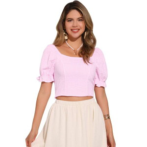 �A���O�� �P�[ ���f�B�[�X �g�b�v�X T�V���c �M���K���`�F�b�N �V���[�����O �M���K�� ALLEGRA K Smocked Crop Top for Women Bubble Sleeve Peasant Gingham Plaid Tops Light Pink �s���N