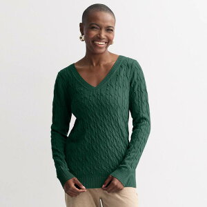 �N���t�g���o���[ ���f�B�[�X �A�E�^�[ �j�b�g�E�Z�[�^�[ V�l�b�N Women's Croft & Barrow Extra Soft Cable Knit V-Neck Sweater Maine Green �O���[��