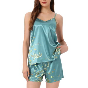 cheibear ���f�B�[�X �A���_�[�E�F�A �i�C�g�E�F�A �V���c �T�e�� �m�[�X���[�u cheibear Womensleeveless Cami Shirt Satin Lounge Set Nightwear Sleepwear Pajama Sets Green Yellow Floral �C�G���[