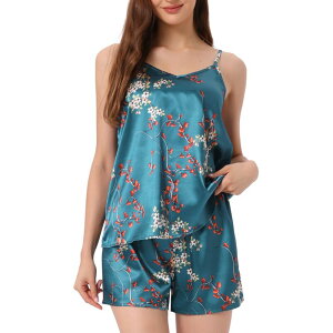 cheibear ���f�B�[�X �A���_�[�E�F�A �i�C�g�E�F�A �V���c �T�e�� �m�[�X���[�u cheibear Womensleeveless Cami Shirt Satin Lounge Set Nightwear Sleepwear Pajama Sets Navy Red Floral �l�C�r�[