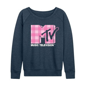 �A�j���L�����N�^�[ ���f�B�[�X �g�b�v�X T�V���c �p�C�� ���S Licensed Character Women's MTV Logo Plaid French Terry Long Sleeve Tee Heather Indigo �w�U�[