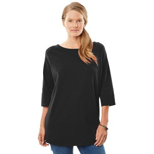 �E�[�}�� �E�B�Y�C�� ���f�B�[�X �g�b�v�X T�V���c �v���X�T�C�Y Woman Within Plusize Perfecthree-Quarter Sleeve Boatneck Tee Black �u���b�N