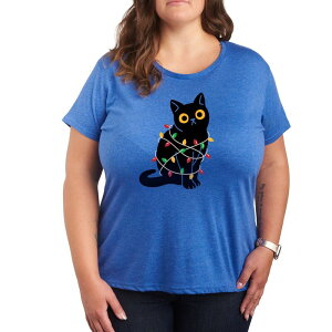 �A�j���L�����N�^�[ ���f�B�[�X �g�b�v�X T�V���c �v���X�T�C�Y �O���t�B�b�N Licensed Character Plus Cat Wrapped In Christmas Lights Graphic Tee Blue �u���[