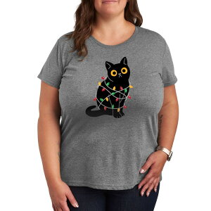 �A�j���L�����N�^�[ ���f�B�[�X �g�b�v�X T�V���c �v���X�T�C�Y �O���t�B�b�N Licensed Character Plus Cat Wrapped In Christmas Lights Graphic Tee Gray �O���[
