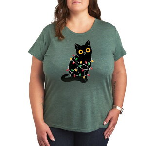 �A�j���L�����N�^�[ ���f�B�[�X �g�b�v�X T�V���c �v���X�T�C�Y �O���t�B�b�N Licensed Character Plus Cat Wrapped In Christmas Lights Graphic Tee Green �O���[��