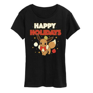 �A�j���L�����N�^�[ ���f�B�[�X �g�b�v�X T�V���c Licensed Character Women's Pokemon Happy Holidays Evee Tee Black �u���b�N