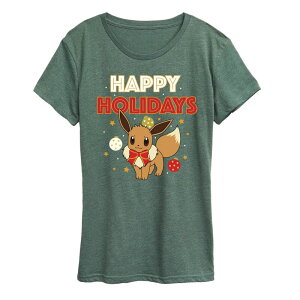 �A�j���L�����N�^�[ ���f�B�[�X �g�b�v�X T�V���c Licensed Character Women's Pokemon Happy Holidays Evee Tee Heather Green �w�U�[