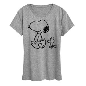 �A�j���L�����N�^�[ ���f�B�[�X �g�b�v�X T�V���c �O���t�B�b�N Licensed Character Women's Peanutsnoopy & Woodstock Walk Graphic Tee Gray �O���[