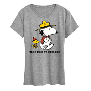 �A�j���L�����N�^�[ ���f�B�[�X �g�b�v�X T�V���c �O���t�B�b�N Licensed Character Women's Peanutsnoopy & Woodstock Take Time To Explore Graphic Tee Heather Gray �O���[
