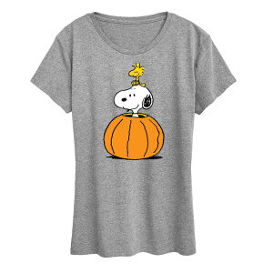 �A�j���L�����N�^�[ ���f�B�[�X �g�b�v�X T�V���c �O���t�B�b�N Licensed Character Women's Peanutsnoopy & Woodstock Pumpkin Graphic Tee Heather Gray �O���[
