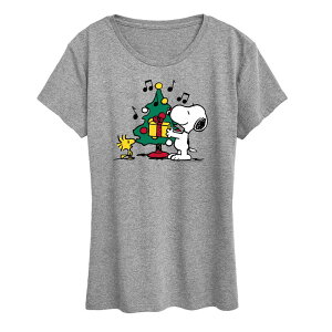 �A�j���L�����N�^�[ ���f�B�[�X �g�b�v�X T�V���c �O���t�B�b�N Licensed Character Women's Peanutsnoopy & Woodstock Christmas Tree Graphic Tee Heather Gray �O���[