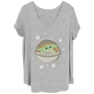 �X�^�[ �E�H�[�Y ���f�B�[�X �g�b�v�X T�V���c V�l�b�N �v���X�T�C�Y Juniors' Plusize Star Wars The Mandalorian Grogu Watching Snow V-Neck Tee Heather Gray �O���[