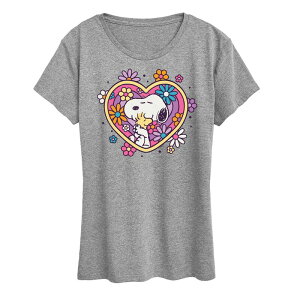�A�j���L�����N�^�[ ���f�B�[�X �g�b�v�X T�V���c �O���t�B�b�N Licensed Character Women's Peanutsnoopy & Woodstock Hug Heart Flower Graphic Tee Heather Gray �O���[