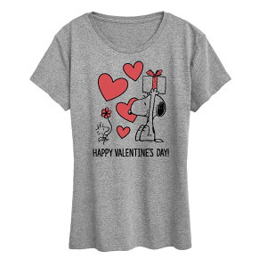 �A�j���L�����N�^�[ ���f�B�[�X �g�b�v�X T�V���c �O���t�B�b�N Licensed Character Women's Peanutsnoopy & Woodstock Happy Valentine's Day Graphic Tee Heather Gray �O���[