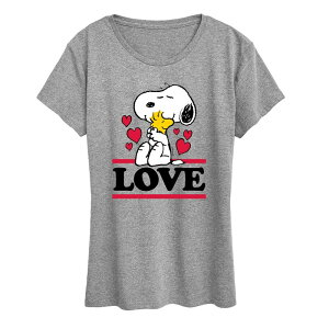 �A�j���L�����N�^�[ ���f�B�[�X �g�b�v�X T�V���c �O���t�B�b�N Licensed Character Women's Peanuts Love Snoopy Woodstock Graphic Tee Heather Gray �O���[