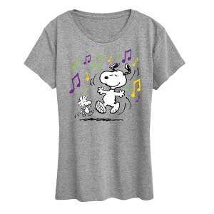 �A�j���L�����N�^�[ ���f�B�[�X �g�b�v�X T�V���c �O���t�B�b�N Licensed Character Women's Peanutsnoopy & Woodstock Mardi Gras Dancingraphic Tee Heather Gray �O���[