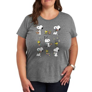 �A�j���L�����N�^�[ ���f�B�[�X �g�b�v�X T�V���c �v���X�T�C�Y �O���t�B�b�N Licensed Character Plus Peanutsnoopy & Woodstock Spring Pattern Graphic Tee Heather Gray �O���[