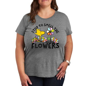 �A�j���L�����N�^�[ ���f�B�[�X �g�b�v�X T�V���c �v���X�T�C�Y �O���t�B�b�N Licensed Character Plus Peanuts Woodstock Smell The Flowers Graphic Tee Heather Gray �O���[