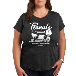 �A�j���L�����N�^�[ ���f�B�[�X �g�b�v�X T�V���c �v���X�T�C�Y �O���t�B�b�N Licensed Character Plus Peanutsnoopy & Charlie Brown Records Graphic Tee Heather Charcoal �`���R�[��