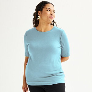 �i�C���E�F�X�g ���f�B�[�X �g�b�v�X T�V���c �v���X�T�C�Y Plusize Nine West Fitted Elbow Sleeve Top Soft Blue �u���[