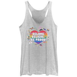 �f�B�Y�j�[ ���f�B�[�X �g�b�v�X T�V���c Disney's Mickey Mouse And Minnie Mouse Icons Belong Believe Be Proud Juniors' Tri-Blend Racerback Tank Top White Heather �z���C�g
