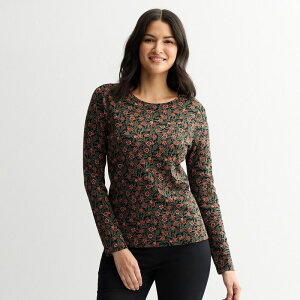 �N���t�g���o���[ ���f�B�[�X �g�b�v�X T�V���c �N���[�l�b�N ���� Women's Croft & Barrow Essentialong-Sleeve Classicrewneck Tee Black Vine Flower �u���b�N