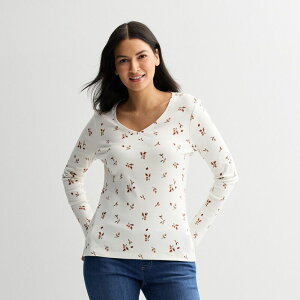 �N���t�g���o���[ ���f�B�[�X �g�b�v�X T�V���c V�l�b�N �v�` ���� Petite Croft & Barrow Essentialong-Sleeve V-Neck Top Orange Tiny Acorns �I�����W