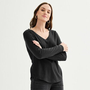 �\�m�} ���f�B�[�X �g�b�v�X T�V���c V�l�b�N Women'sonoma Goods For Lifeveryday Long Sleeve V-Neck T-Shirt Pitch Black �u���b�N