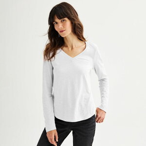 �\�m�} ���f�B�[�X �g�b�v�X T�V���c V�l�b�N �v�` Petite Sonoma Goods For Lifeveryday Long Sleeve V-Neck T-Shirt Vital White �z���C�g