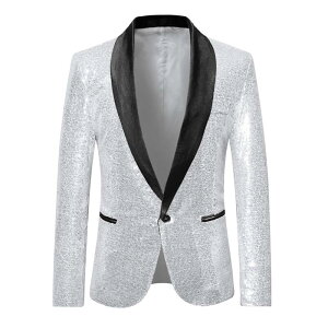 Lars Amadeus �����Y �A�E�^�[ �W���P�b�g�E�u���]�� �X�p���R�[�� �R�[�g �u���U�[ Lars Amadeus Men'sequin Sport Coatshawlapel One Button Wedding Shiny Blazer Silver �V���o�[