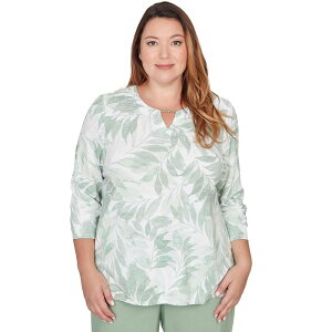 �A���t���b�h �_�i�[ ���f�B�[�X �g�b�v�X T�V���c �v���X�T�C�Y �v�����g Plusize Alfredunner Monotone Leaf Print Split Neck Top Celery
