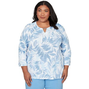 �A���t���b�h �_�i�[ ���f�B�[�X �g�b�v�X T�V���c �v���X�T�C�Y �v�����g Plusize Alfredunner Monotone Leaf Print Split Neck Top Wedgewood