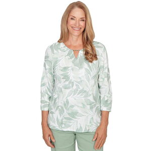 �A���t���b�h �_�i�[ ���f�B�[�X �g�b�v�X T�V���c �v�` �v�����g Petite Alfredunner Monotone Leaf Print Split Neck Top Celery