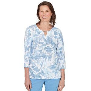 �A���t���b�h �_�i�[ ���f�B�[�X �g�b�v�X T�V���c �v�` �v�����g Petite Alfredunner Monotone Leaf Print Split Neck Top Wedgewood