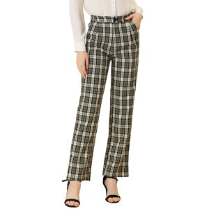 �A���O�� �P�[ ���f�B�[�X �{�g���X �J�W���A���p���c �X�g���[�g ALLEGRA K Women's Plaid Elastic Waist Button Zipper Straight Leg Long Pants Black Beige �u���b�N