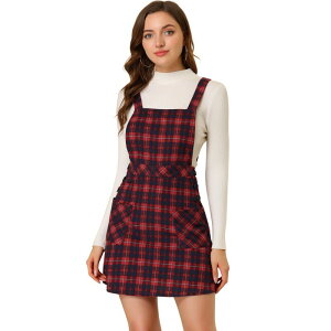 �A���O�� �P�[ ���f�B�[�X �g�b�v�X �����s�[�X A ���C�� �I�[�o�[�I�[�� ALLEGRA K Women's Plaid Button Decor A-Line Pinafore Overall Dress Red ���b�h