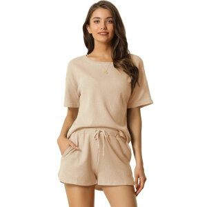 cheibear ���f�B�[�X �A���_�[�E�F�A �i�C�g�E�F�A �V���[�g�p���c �j�b�g cheibear Women'short Sleeve Pullover Top with Shorts Casual Waffle Knit Loungewear Set Apricot �A�v���R�b�g