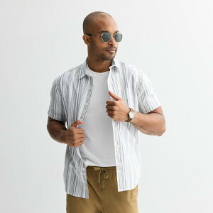 �\�m�} �����Y �g�b�v�X T�V���c ���l�� Men'sonoma Goods For Life Short Sleeve Perfect Length Linen Shirt Brook Stripe Blue �u���[